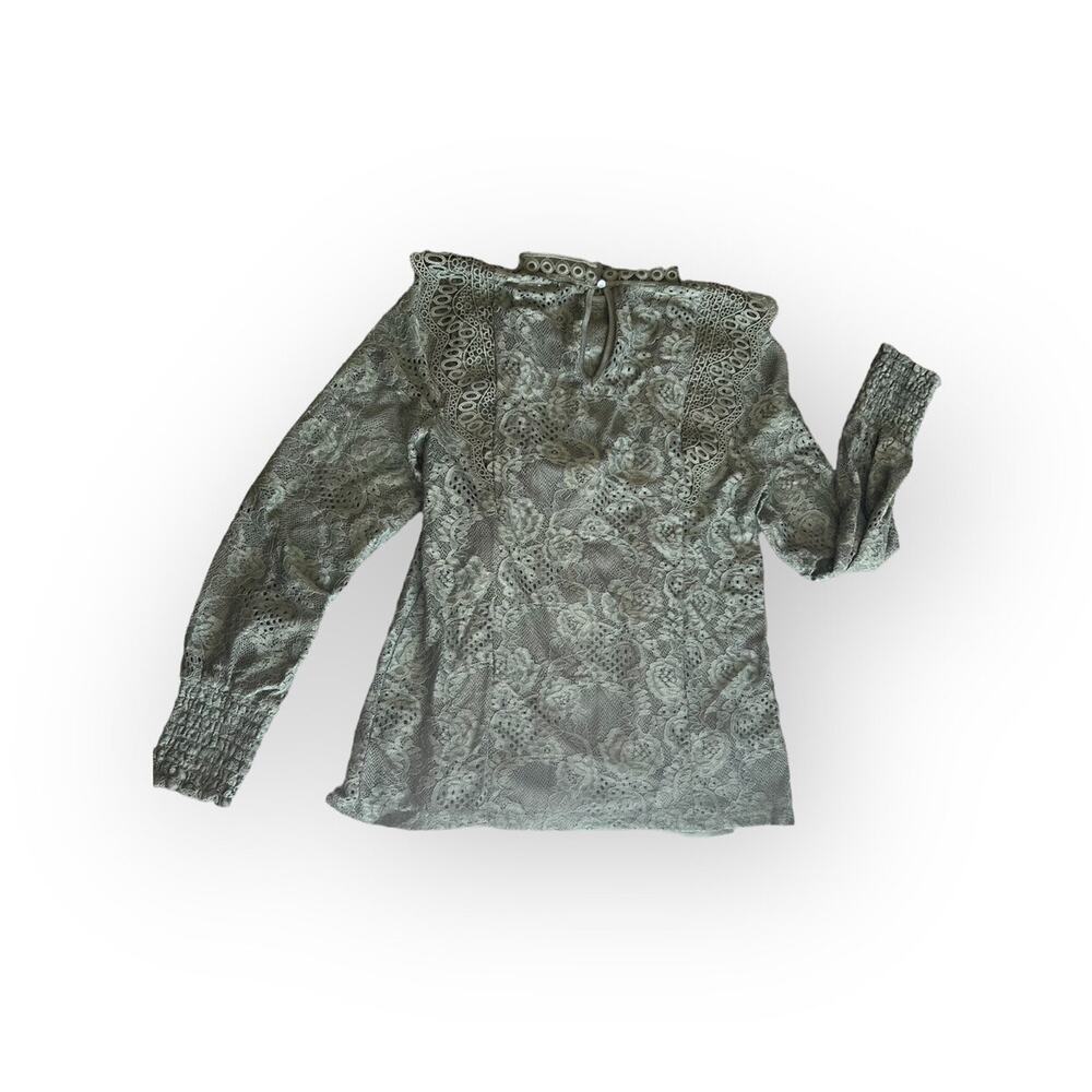 Cable & Gauge Olive Green Lace Long Sleeve Mock Neck Blouse - Picture 5 of 11